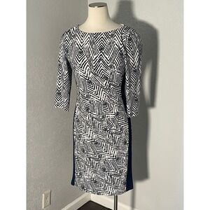 Lauren Ralph Lauren Navy White Geometric Chevron Sheath Dress 3/4‎ Sleeve Sz 6
